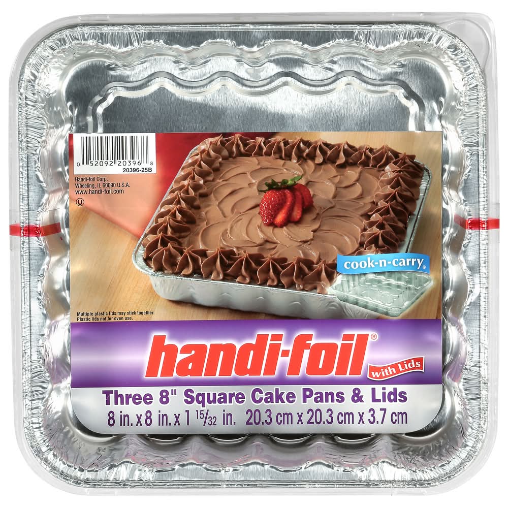 Handi-Foil Cook-N-Carry Square Cake Pans & Lids, 20.3x20.3x3.7 cm (3 ct)