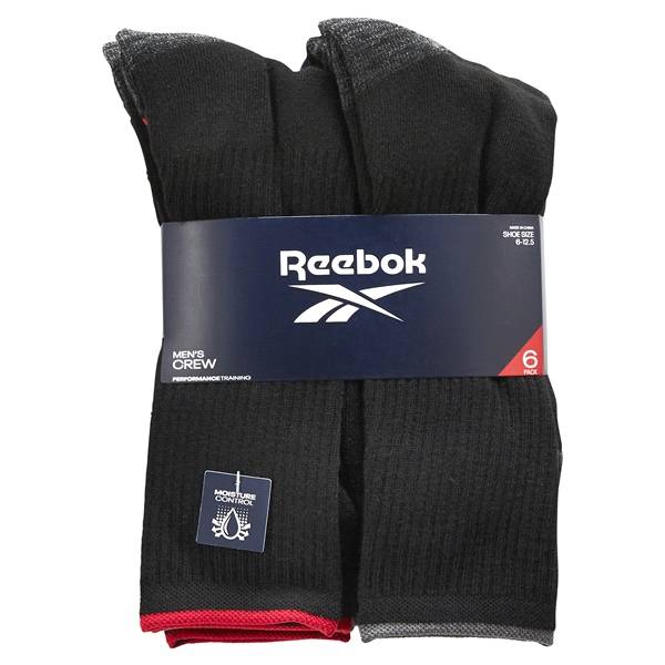 Reebok Men's Crew Socks, 6 Pack, Black, Size 10-13