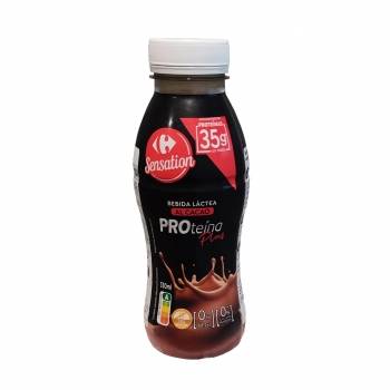 Bebida láctea desnatada al cacao Proteína Plus Carrefour Sensation sin gluten y sin azúcar añadido 330 ml.