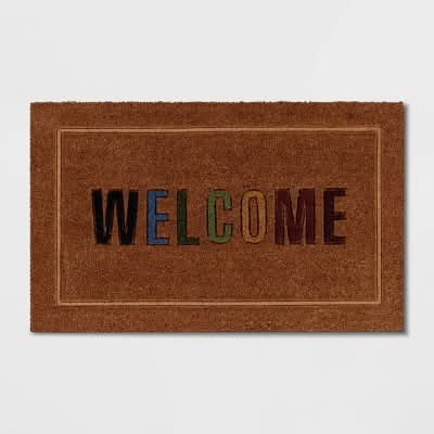 1'6"x2'6" 'Welcome' Coir Doormat Multi/Natural - Threshold™: Outdoor Rug, Rainbow Pattern, Medium Pile