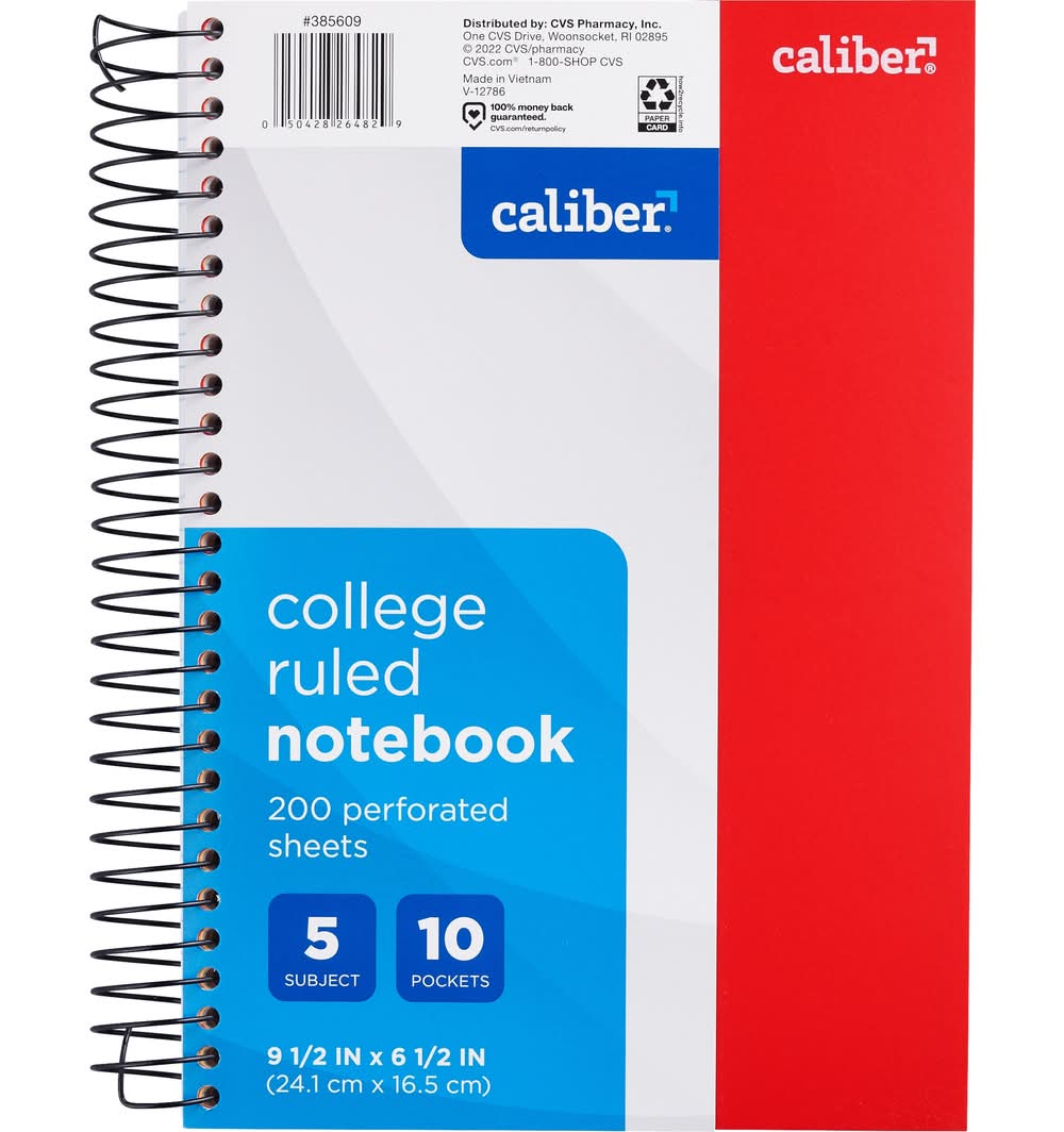 Caliber 5 Subject Notebook College Ruled, 9.5In X 6.5In, Assorted
