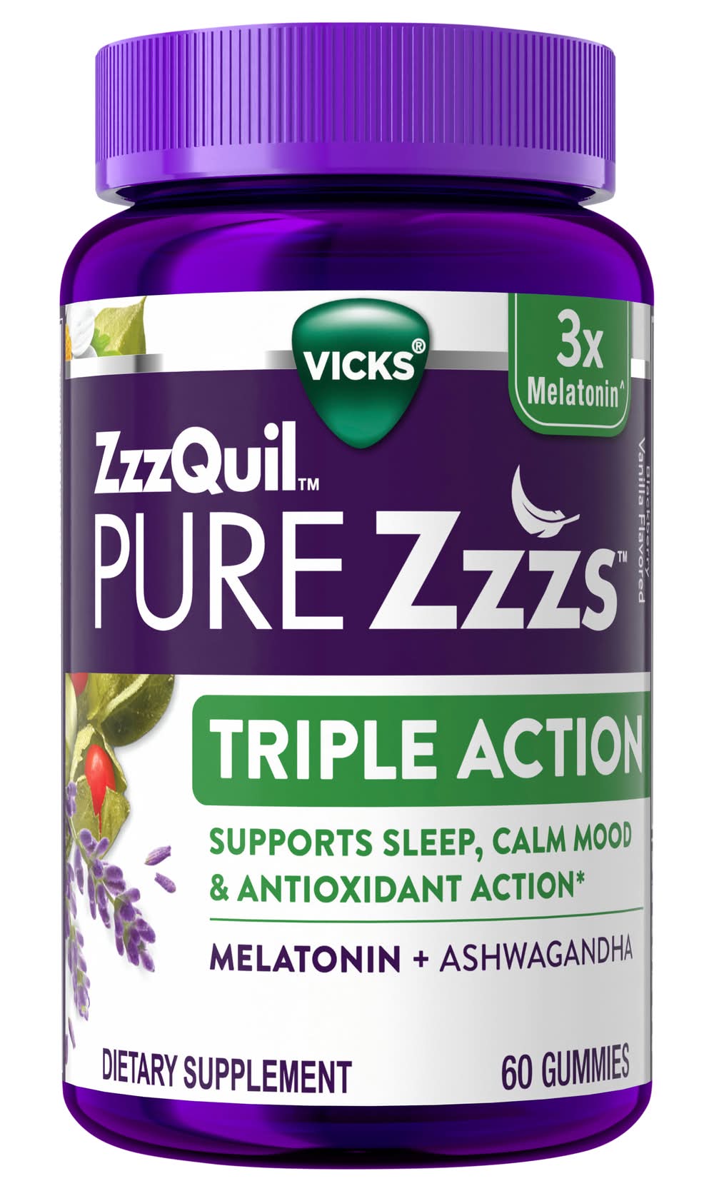 Vicks Zzzquil Pure Zzzs Triple Action Blackberry Vanilla Melatonin + Ashwagandha Gummies (8.48 oz)