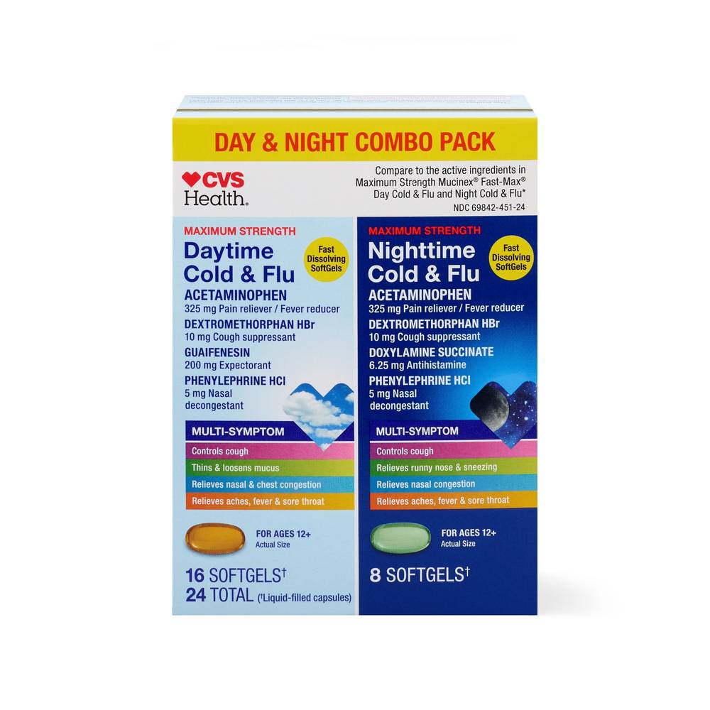 Cvs Health Day + Nighttime Maximum Strength Cold & Flu Relief Softgel Combo Pack, 24 Ct