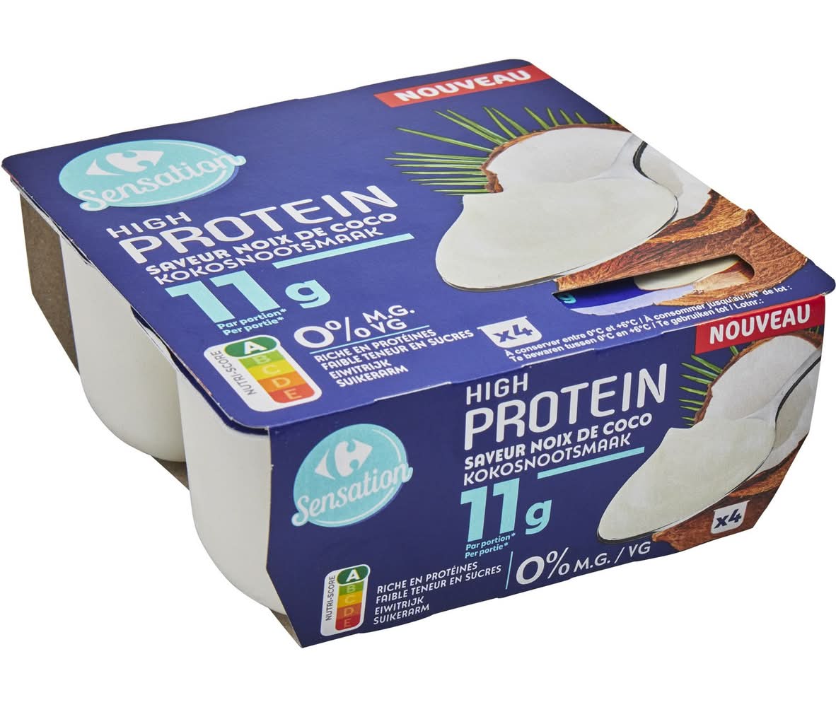 Carrefour Sensation - Yaourt riche en protéines 0% m.g., noix de coco (4 x 120g)