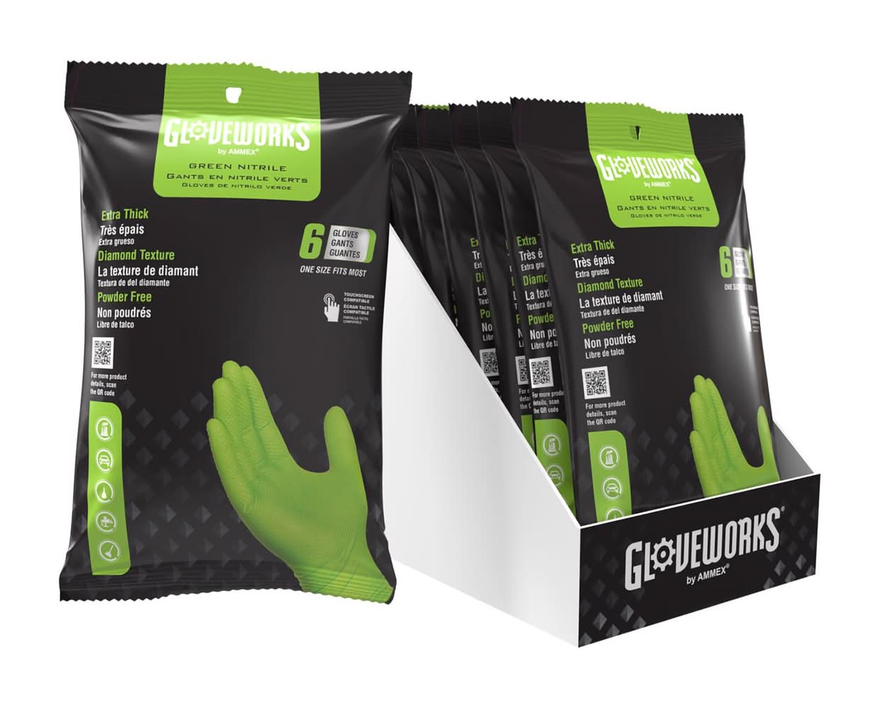 Gloveworks Nitrile Disposable Gloves One Size Fits Most Green Powder Free 6 Pc