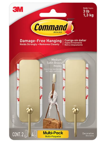 Command Medium Satin Brass Hooks, 3 lb, 2 Medium Hooks, 4 Medium Strips