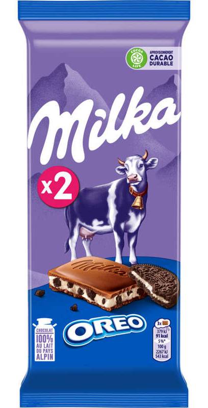 Milka Tablette Chocolat au Lait aux éclats d'Oreo 2x100 g