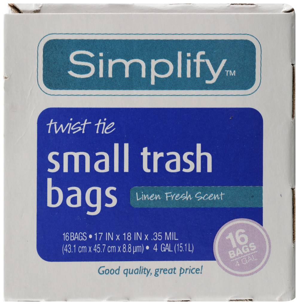 Simplify Twist Tie Small Trash Bags, 4 gal, Linen Fresh - 16 ct