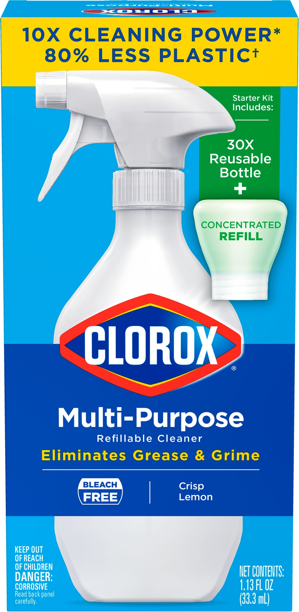 Clorox Multi-Purpose Cleaning Spray, 1 Bottle and 1 Refill, Crisp Lemon (1.1 oz)
