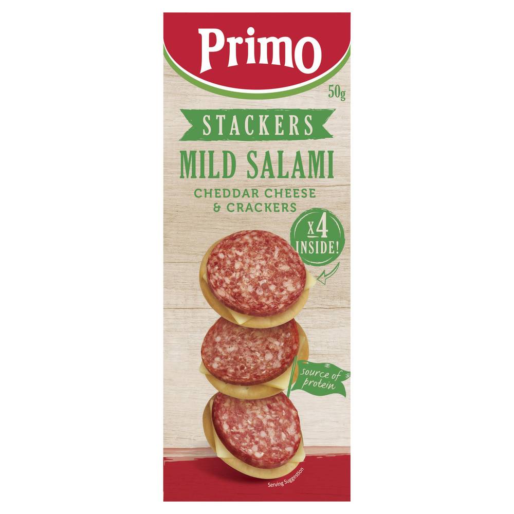 Primo Stackers Cheddar Cheese & Crackers, Mild Salami (50g, 4 pack)