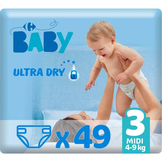 Carrefour Baby - Ultra dry couches bébé taille 3 midi 4 à 9 kg (49 pièces)