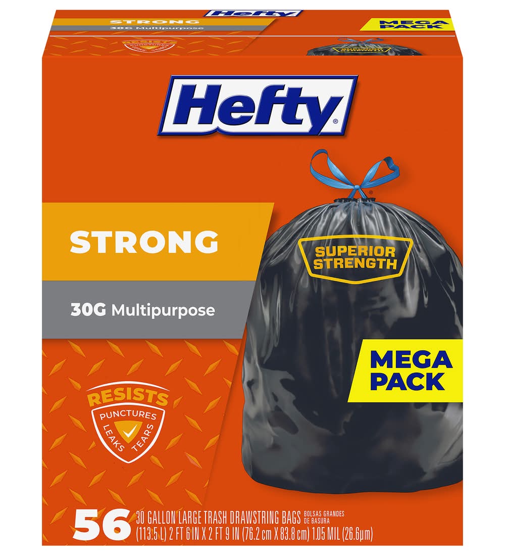 Hefty Strong Multipurpose Trash Bags 30 Gal, 76.2x83.8 cm, Black-Blue (56 ct)