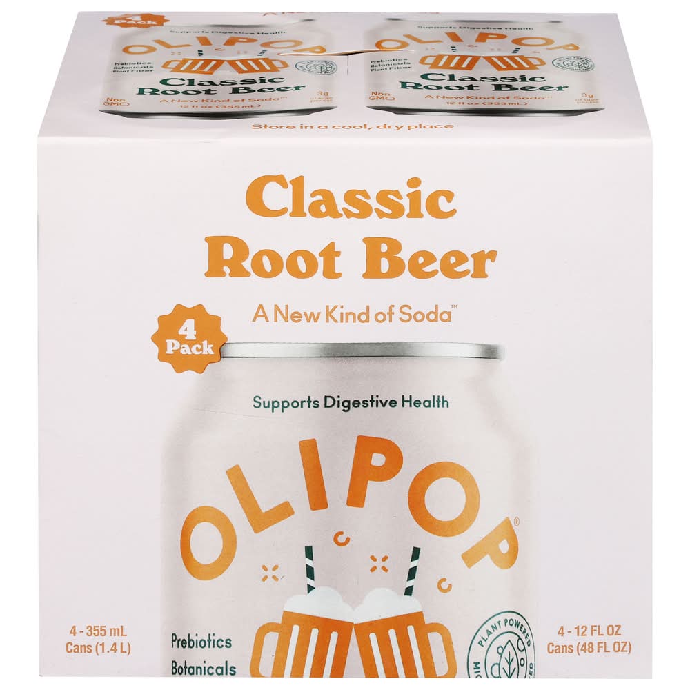 Olipop Classic Root Beer Prebiotic Soda (4 x 12 fl oz)