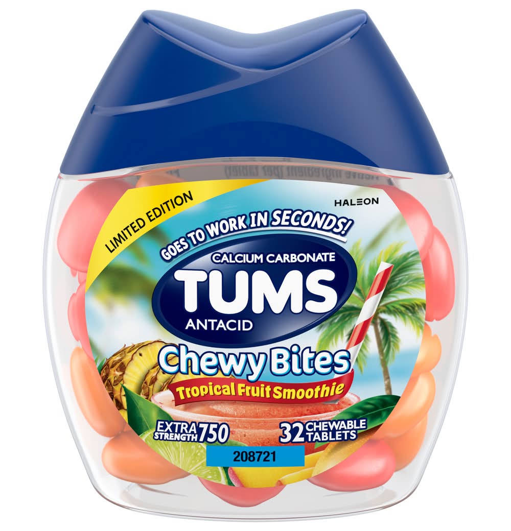Tums Chewable Antacid Tablets For Heartburn Relief, Tropical Fruit (32 ct)