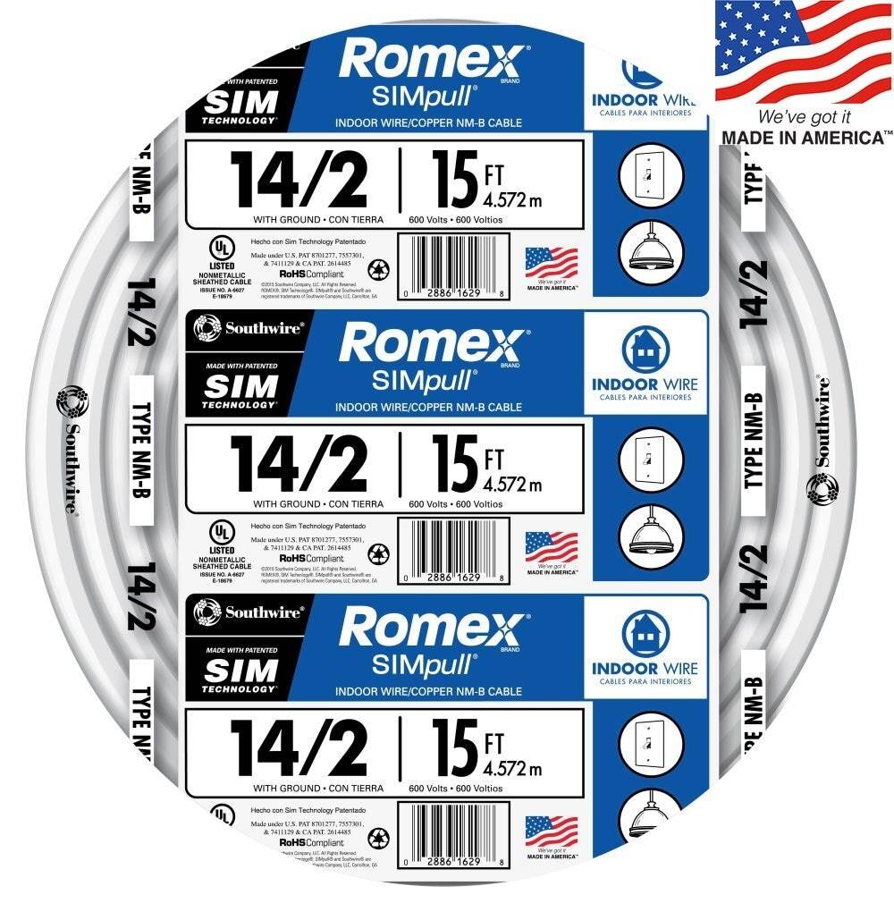 Southwire 15-ft 14/2 Romex SIMpull Solid Indoor CU NM-B W/G Individual Pack (By-the-roll) | 28827426