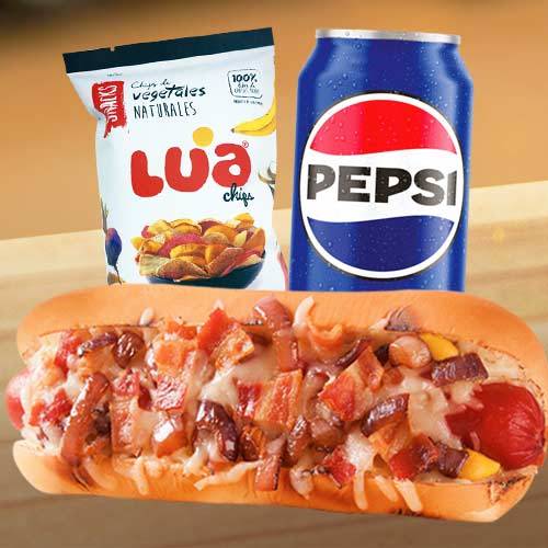 Combo Cheese Bacon Dog pavo + Pepsi  lata 354ml+ Luas 42g