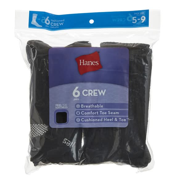 Hanes Womens Crew Sock, 6 pk, Black, Size 5-9