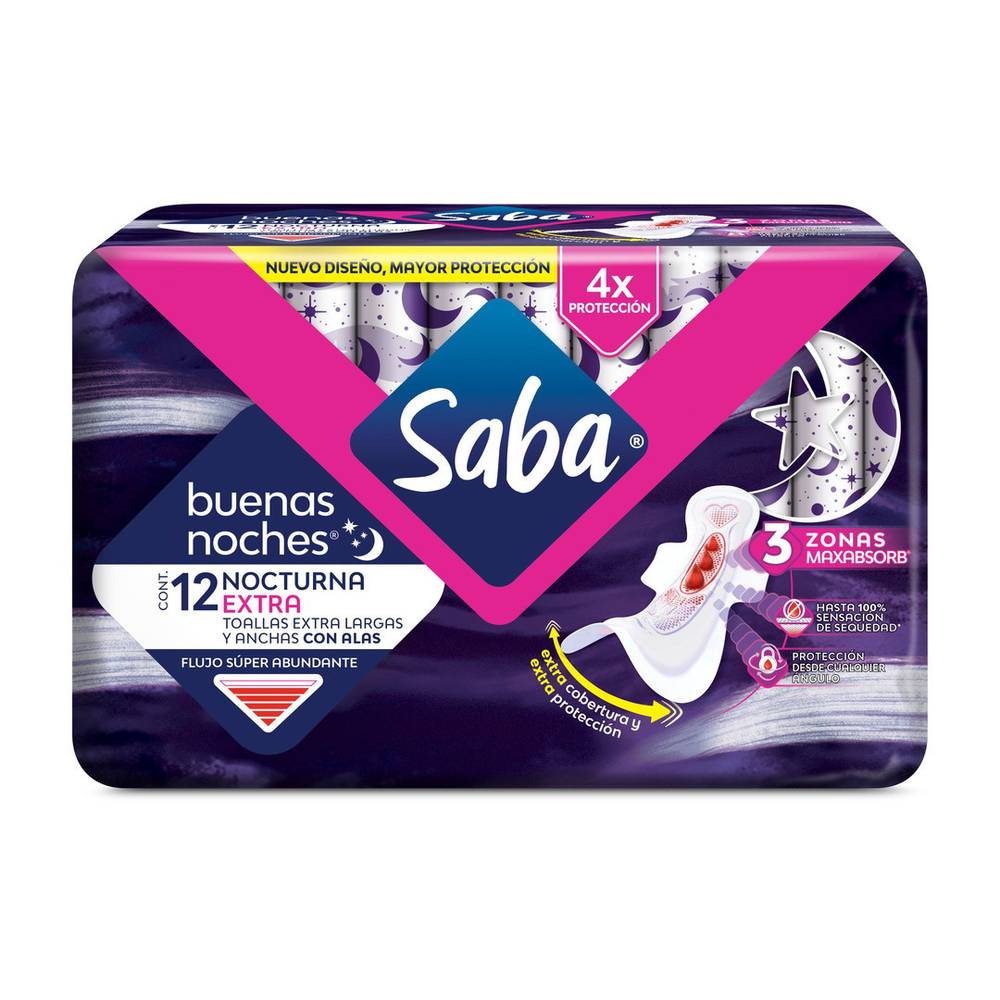 Saba toallas femeninas nocturnas extra con alas (paquete 12 piezas)