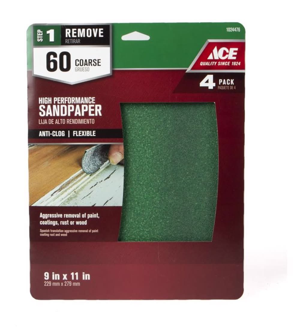 ACE 11 In. L X 9 In. W 60 Grit Aluminum Oxide All Purpose Sandpaper 4 Pk