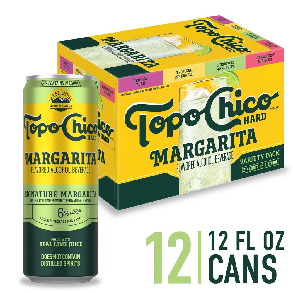 Topo Chico Hard Margarita Alcohol Beverage Variety pack, Prickly Pear-Tropical Pineapple-Signature Margarita-Strawberry Hibiscus (12 x 12 fl oz)