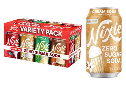 Nixie Organic Zero Sugar Soda Variety pack, Classic Cola-Root Beer-Cream Soda-Ginger Ale (8 x 12 fl oz)