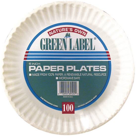 Nature's Own Green Label Paper Plates, 6", White, 100 Ct