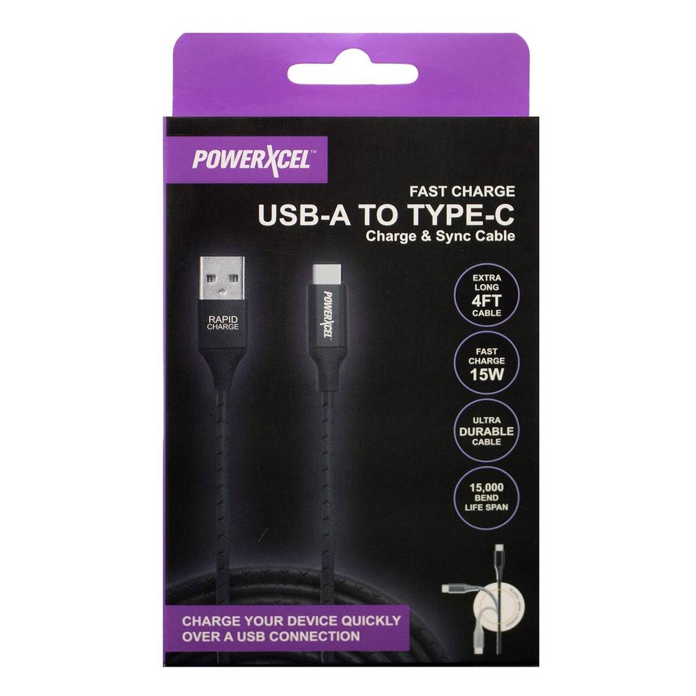 PowerXcel Usb a To Type C Ultra Durable Charge and Sync Cable, 4 ft, Black