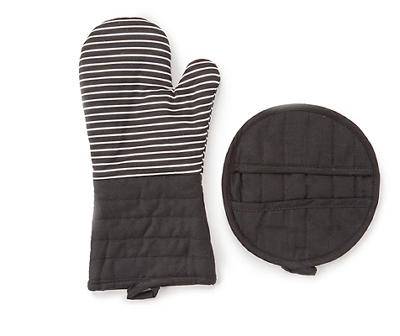 Real Living Piece Oven Mitt & Pot Holder Set, Black Silicone (2 ct)