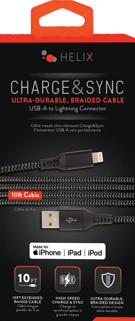 Cable USBA to Lightning Braided Cable Black 10 Feet