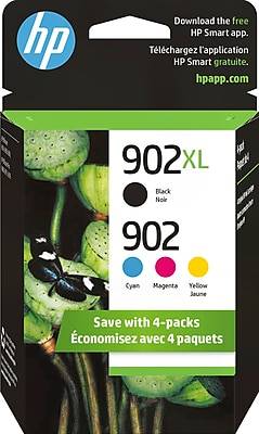 HP 902XL/902 Black High Yield and Cyan/Magenta/Yellow Standard Yield Ink Cartridge, 4/Pack (T0A39AN#140)
