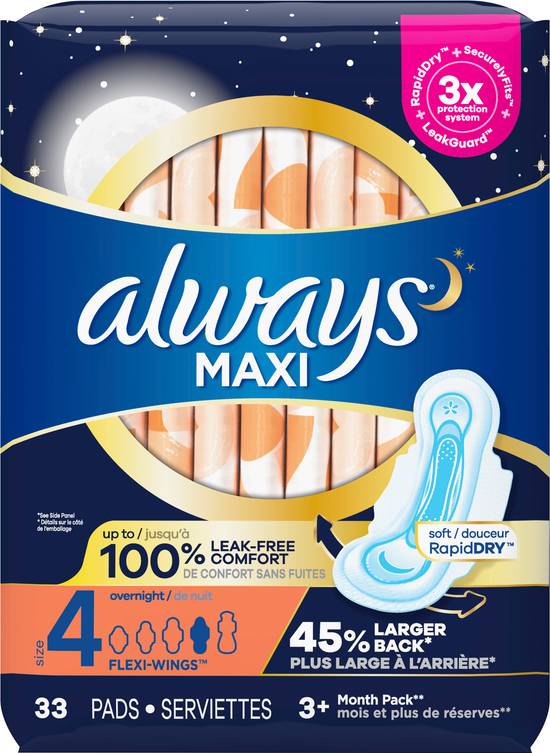 Always Maxi Jumbo Size 4 Overnight Pads With Wings (33 ct)