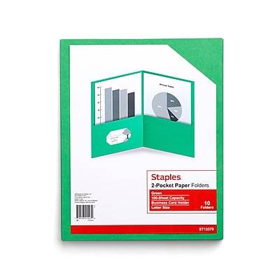 Staples 10% Recycled Smooth 2-pocket Paper Presentation Folder, Green (10 ct)