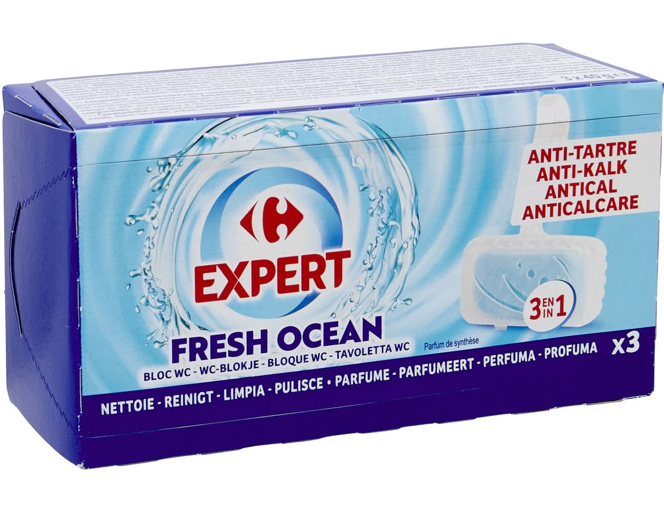 Carrefour Expert - Bloc wc 3 en 1 anti tartre, fresh ocean (3 x 40g)