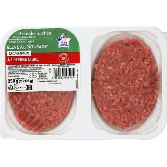 Monoprix Steak Haché De Boeuf Facon Bouchère 15% Matières Grasses La Barquette De 2, 250 G