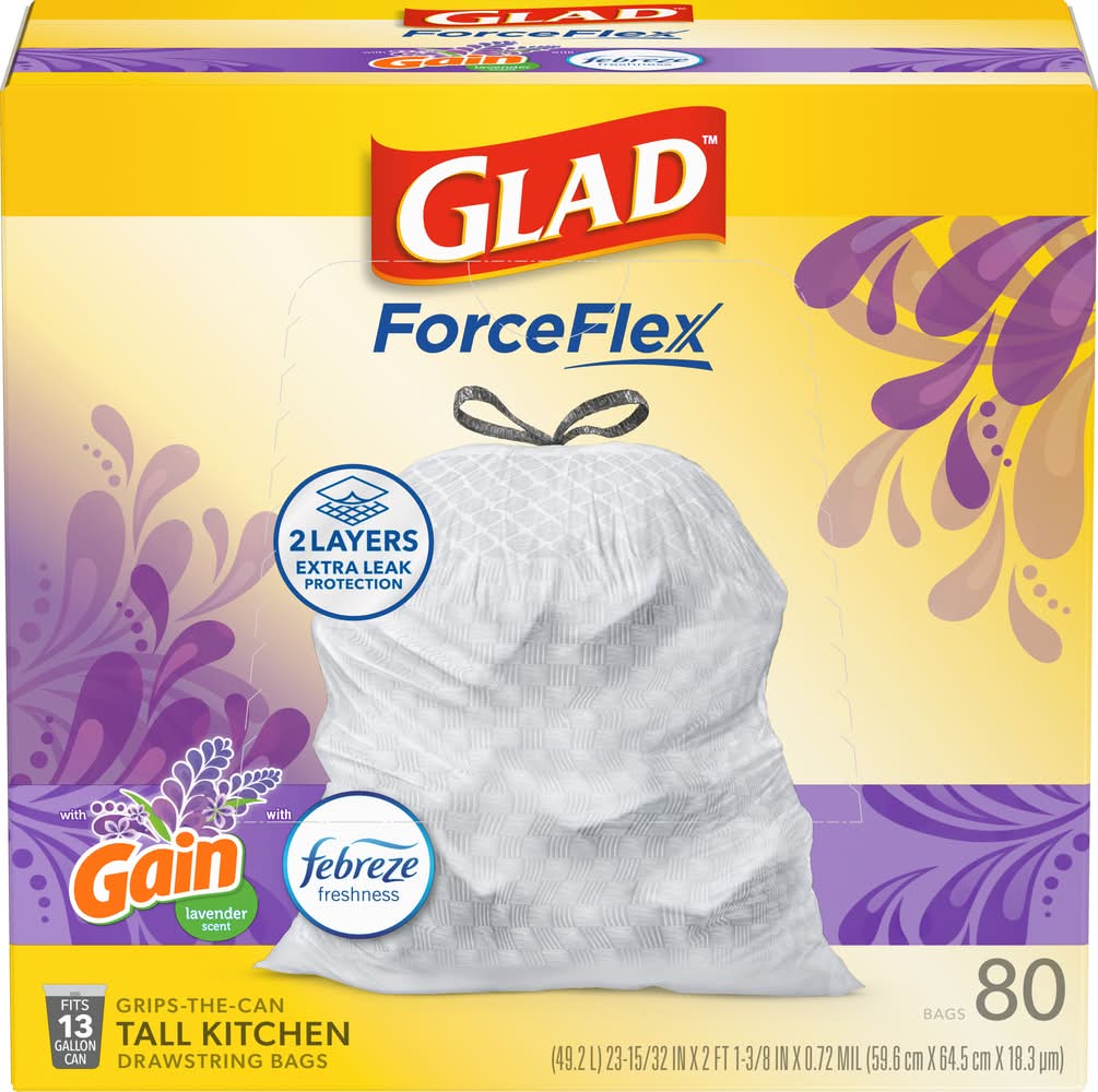 Glad Forceflex Tall Kitchen Drawstring Bags 13 Gal, Lavender, 59.6x64.5 cm (80 ct)