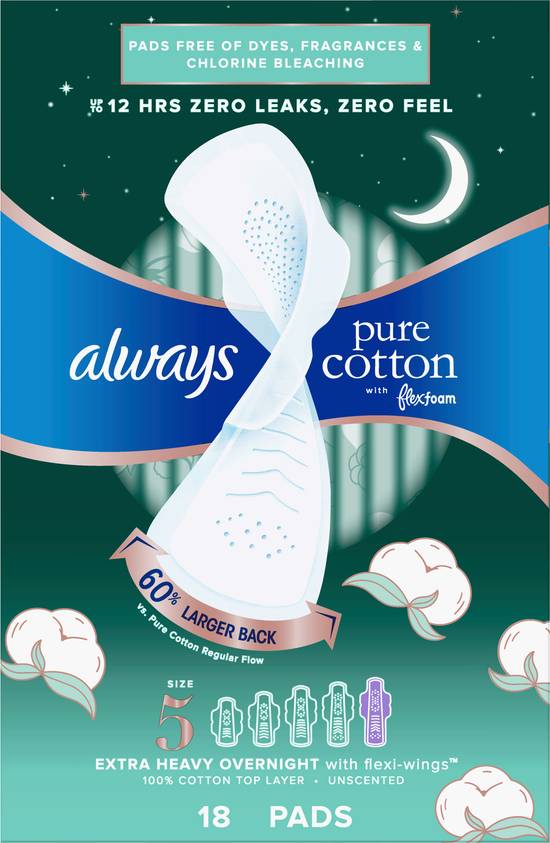 Always Pure Cotton Extra Heavy Overnight With Flexi-Wings Unscented Pads (18 ct)