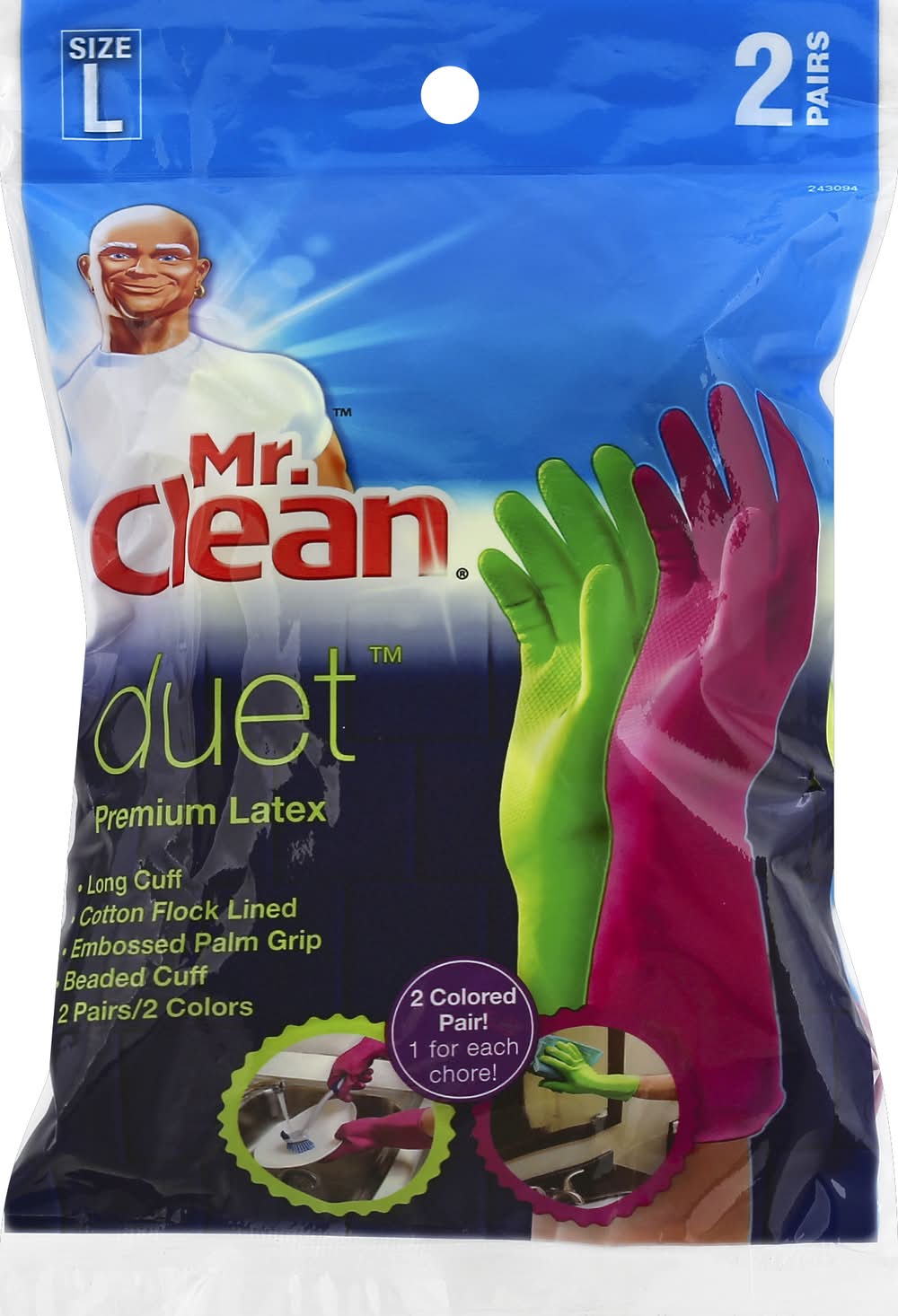 Mr. Clean Premium Cotton Flock Lined Latex Gloves, Large, Red-Green (4.8 oz, 2 ct)