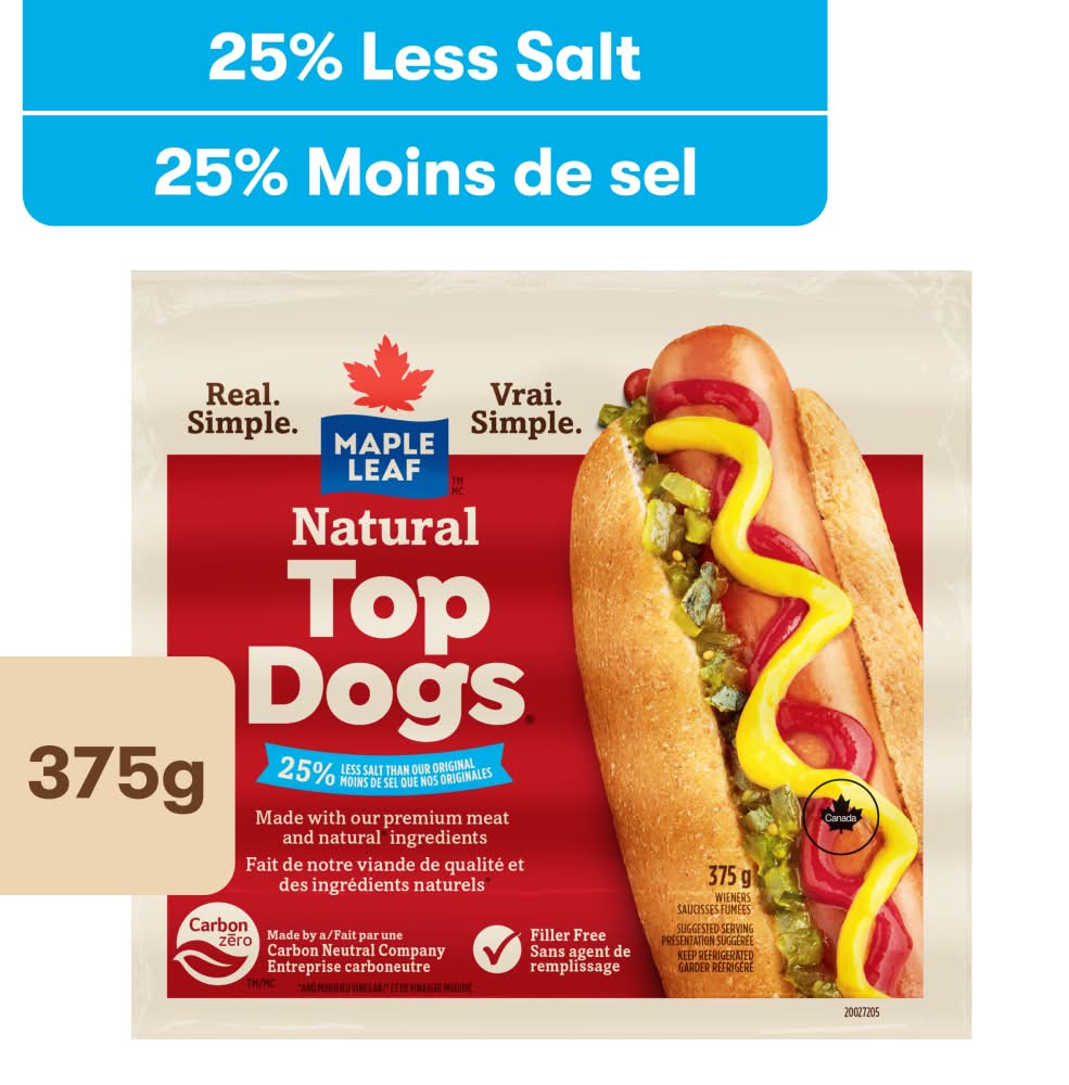 Maple leaf saucisses fumées à teneur réduite en sel - natural top dogs less salt hot dogs (375 g)