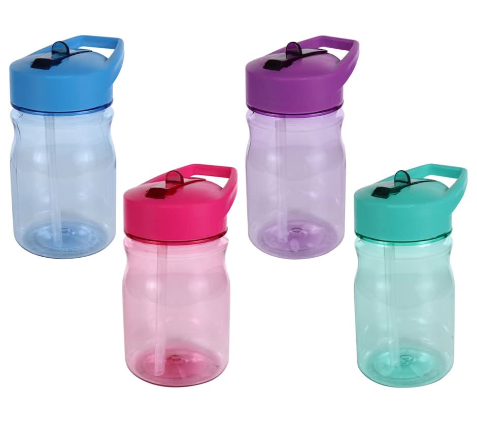 Small Plastic Water Bottles With Flip-Up Straws 13 oz, Assorted (4 ct)