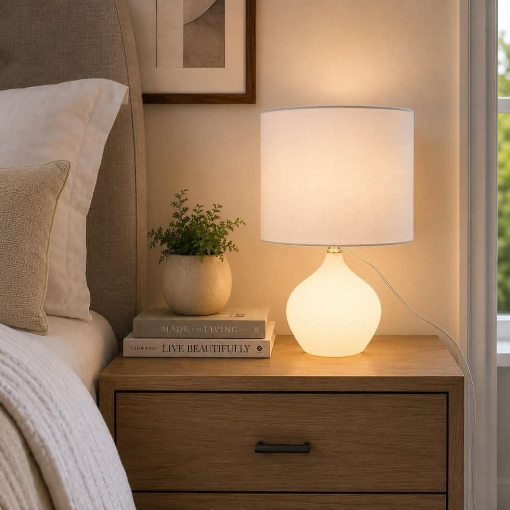 Hampton Bay 17.25 In. Frosted White Classic Table Lamp For With Natural Linen Shade, Nightlight In Base