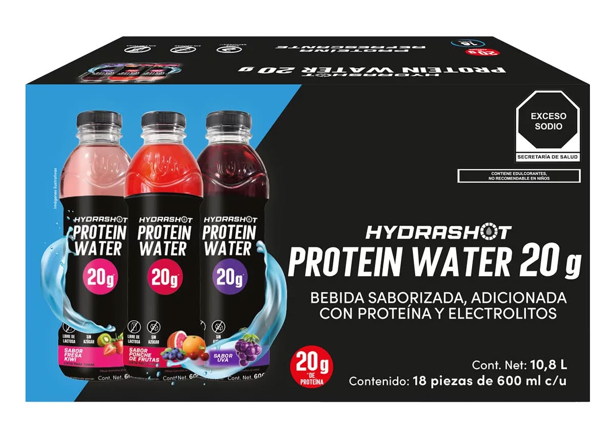 Hydrashot · Protein water bebida saborizada, ponche de frutas-fresa kiwi-uva (18 x 600 ml)