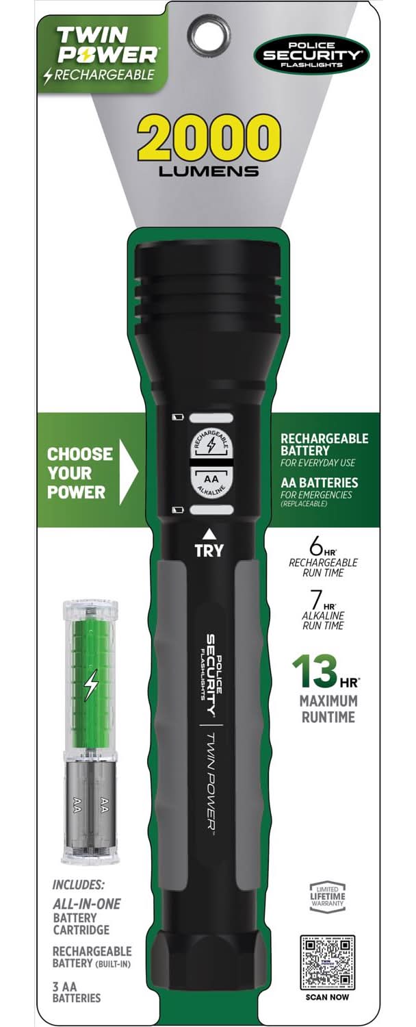 Police Security Flashlights Twin Power 2000 Lm Black Led Flashlight Aa Battery