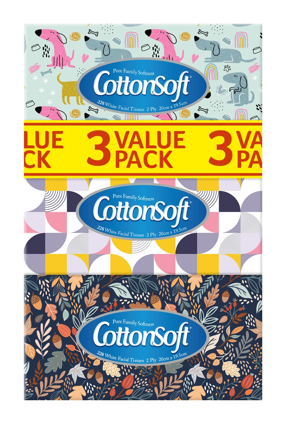 Cottonsoft 2 Ply Facial Tissues Value pack, 20x19.5 cm, White (3 pack)