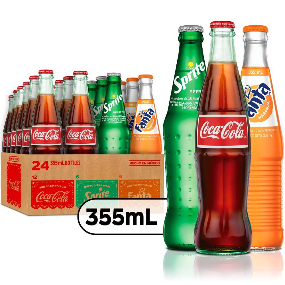 Coca-Cola, Fanta, Sprite Variety Pack - Mexico Glass Bottles, 355 mL, 24 Pack (1X24|Case of 1)