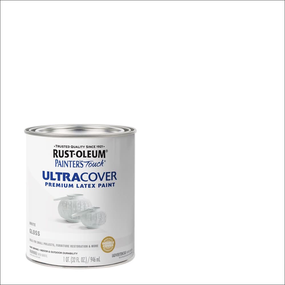 Rust-Oleum Painters Touch Ultra Cover Gloss White Water-Based Paint Exterior And Interior 1 Qt