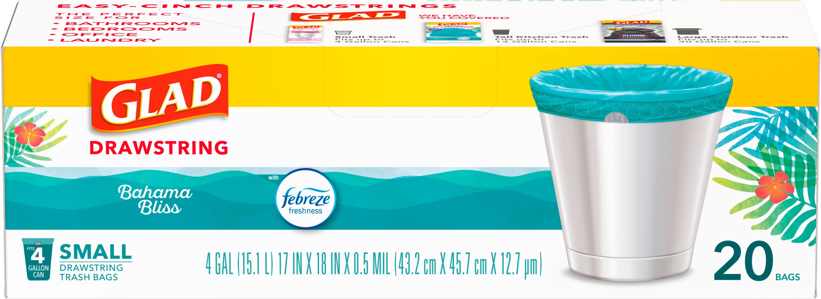 Glad Odorshield Small Drawstring Trash Bags 4 Gal, 17x18 in x 0.5 mil (20 ct)