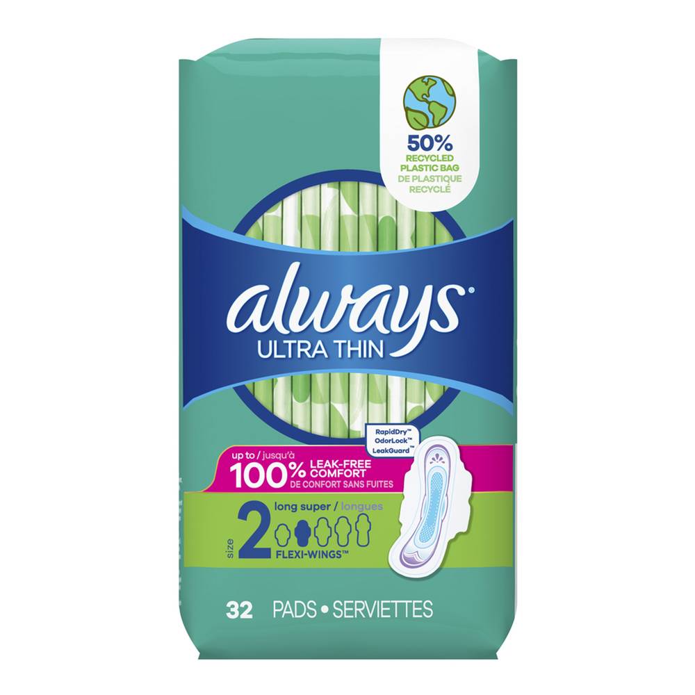 Always 100% Leak Free Comfort Ultra Thin With Wings Super Long Pads, 2 (32 ct)
