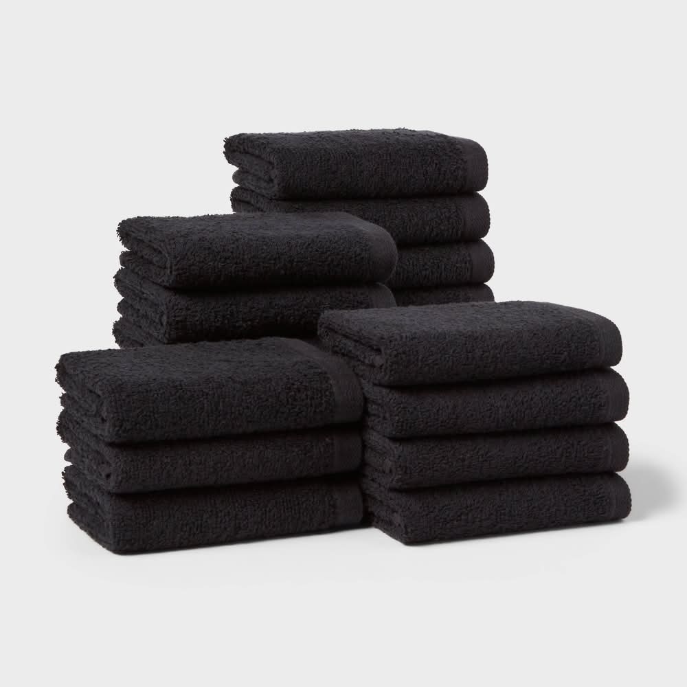 Room Essentials Everyday Washcloths, 12X12 in, Black (18 ct)