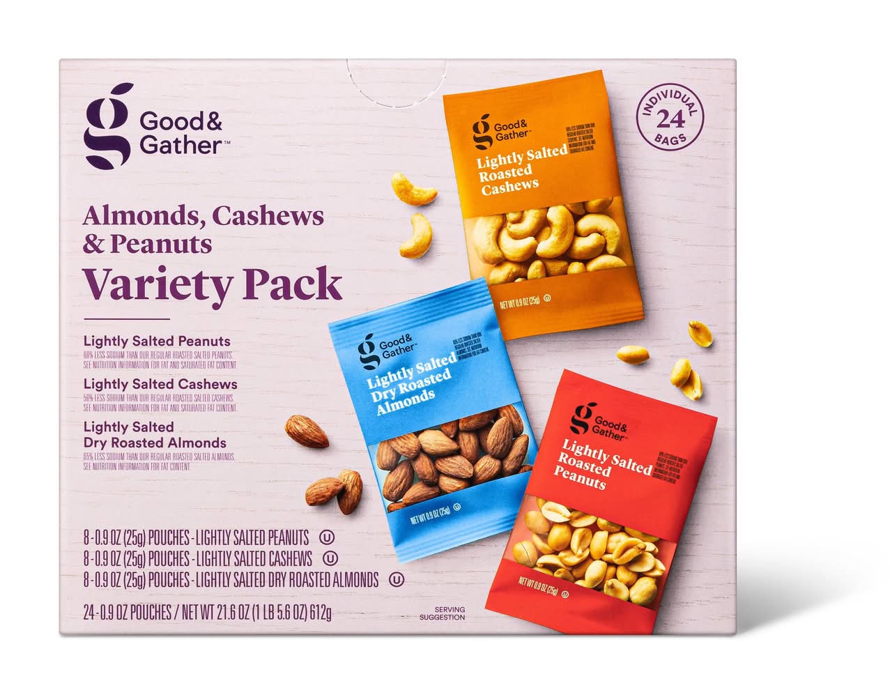 Good & Gather Lightly Salted Almonds Cashews & Peanuts Variety pack (21.6 oz, 24 ct)