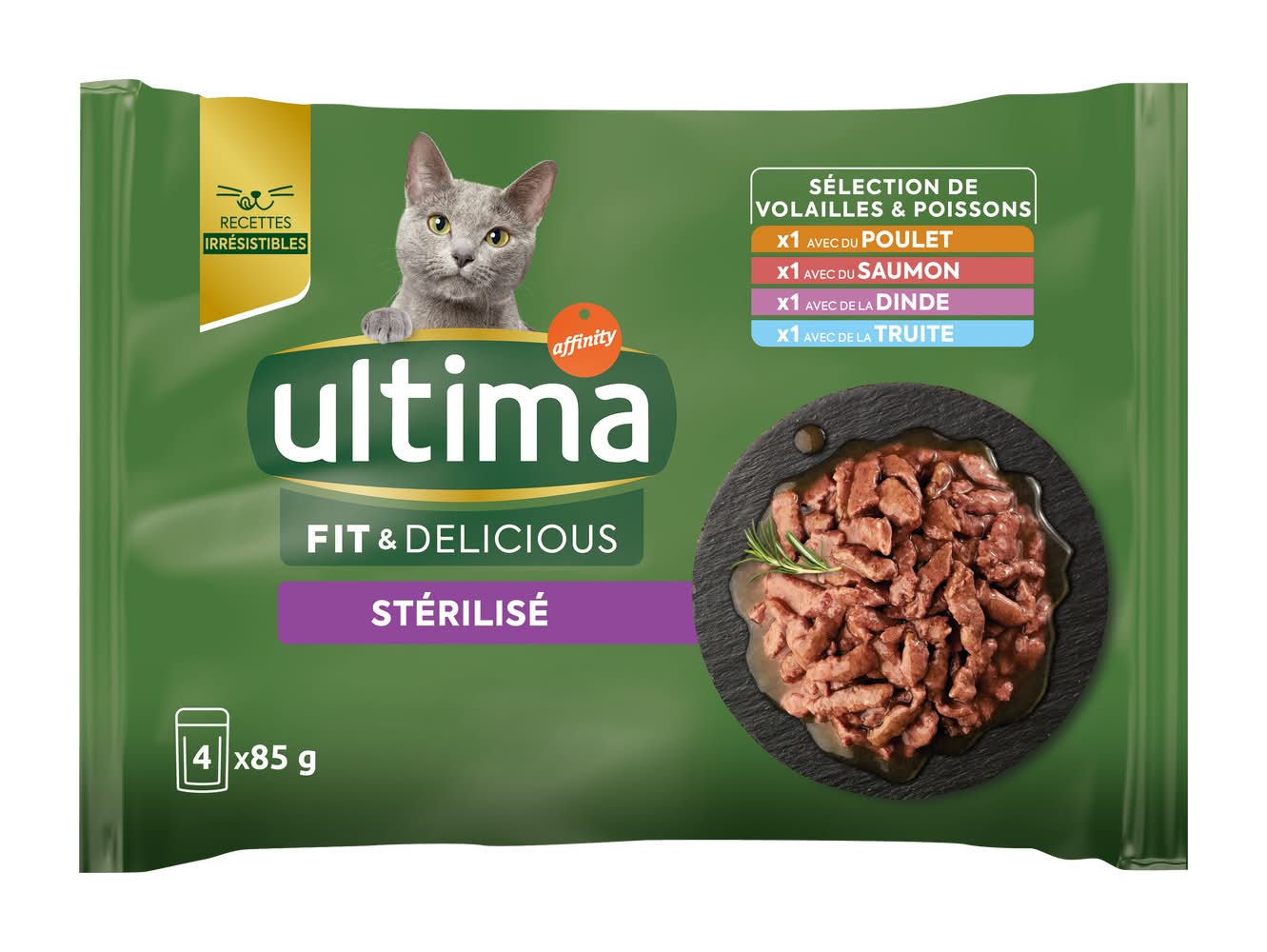 Ultima - Fit & delicious pâtée pour chat adulte stérilisé, poulet - saumon - dinde - truite (4)